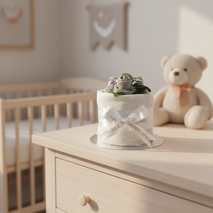 A baby shower nappy cake gift set displayed on a light wood dresser in a nursery setting, featuring a white muslin rolled around nappies and tied  with a white ribbon, a pair of grey baby socks rolled into a rosebud and grey booties, and a green leaf, with a teddy bear in the background.