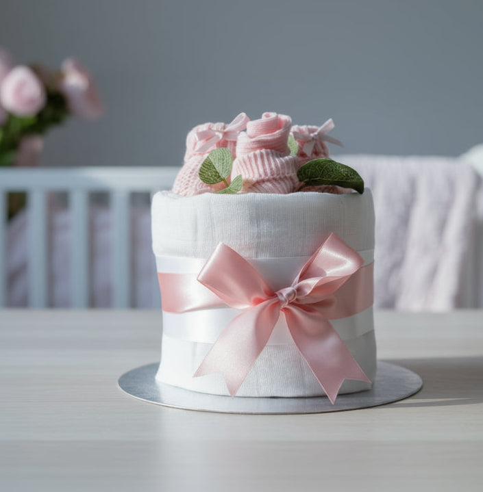 Baby girl mini nappy cake in pink with white muslin, knitted booties, and socks by Love & Tiers
