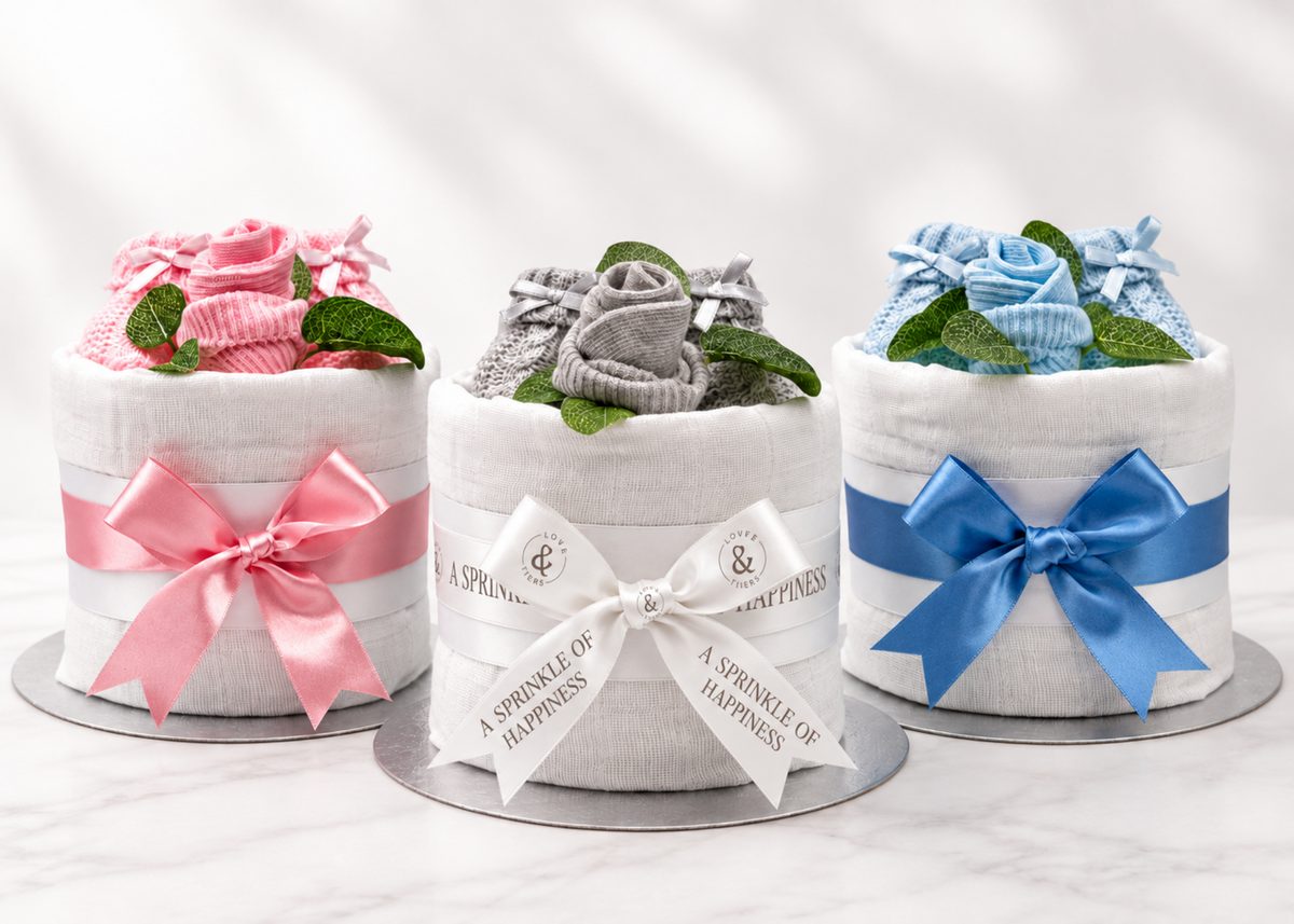 Mini nappy cake collection in pink, neutral and blue with knitted baby booties