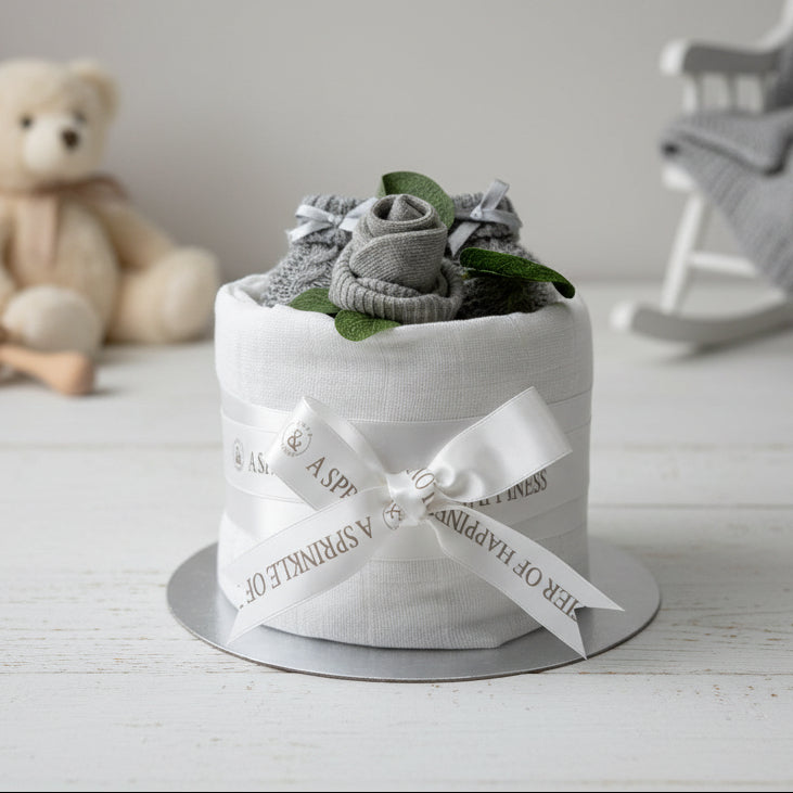 Mini neutral nappy cake with grey knitted booties, baby sock rose and white muslin, in a white and neutral nursery setting with a teddy bear and rocking chair out of focus in the background