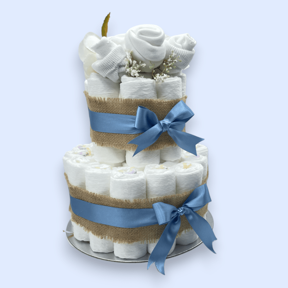Side view of blue naked nappy cake wrapped in natural hessian
