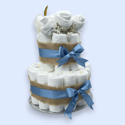Side view of blue naked nappy cake wrapped in natural hessian
