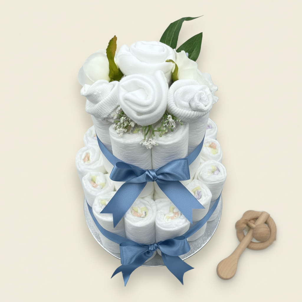 Baby bodysuit, hat and socks floral arrangement on blue nappy cake