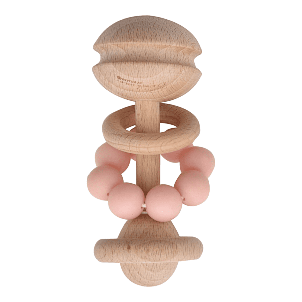 Pink food-grade silicone and beech wood baby teether
