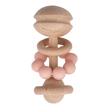 Pink food-grade silicone and beech wood baby teether