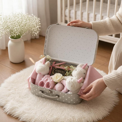 Pink new baby gift suitcase with soft toys, booties and chocolates being revealed