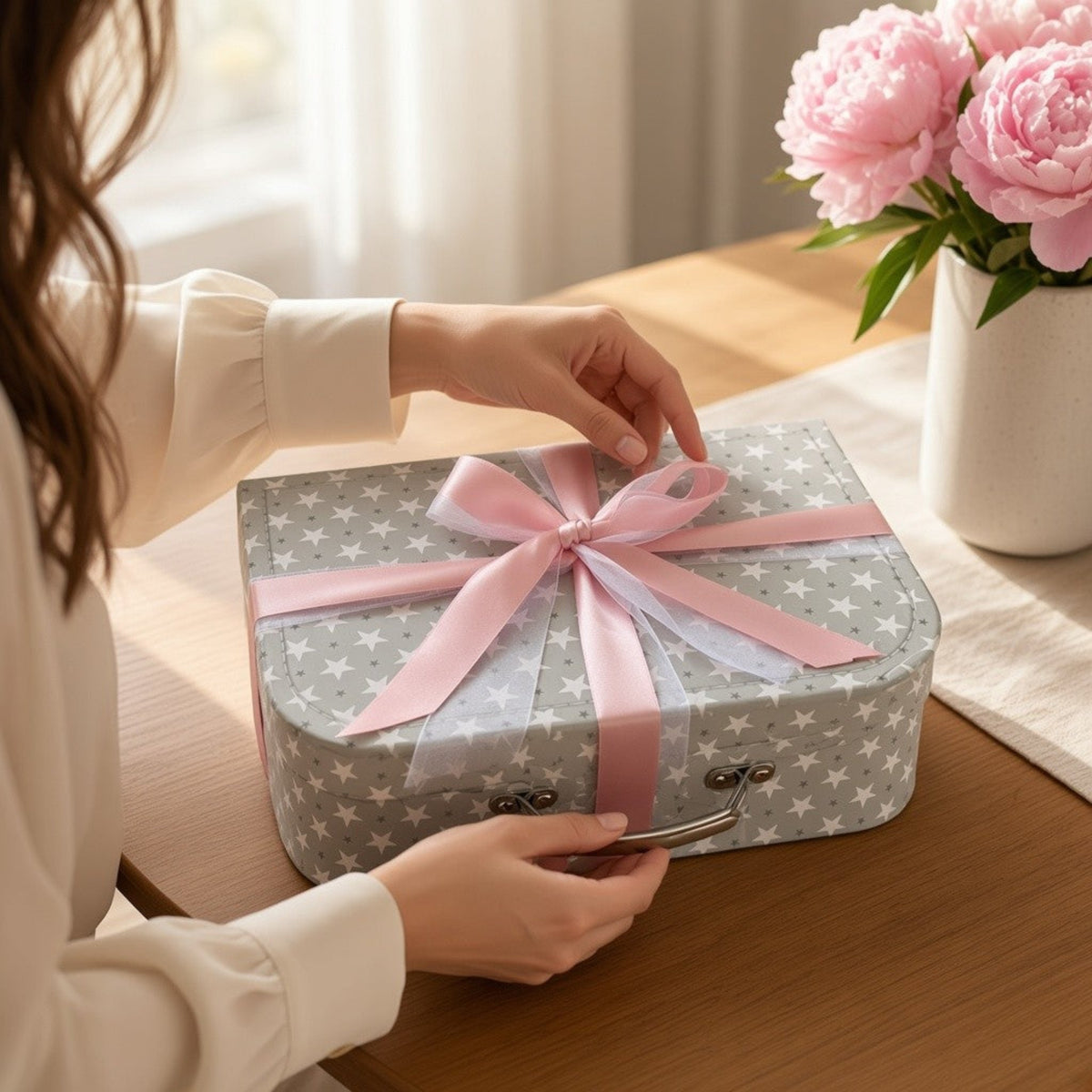 Pink new baby gift suitcase finished with coordinating ribbon