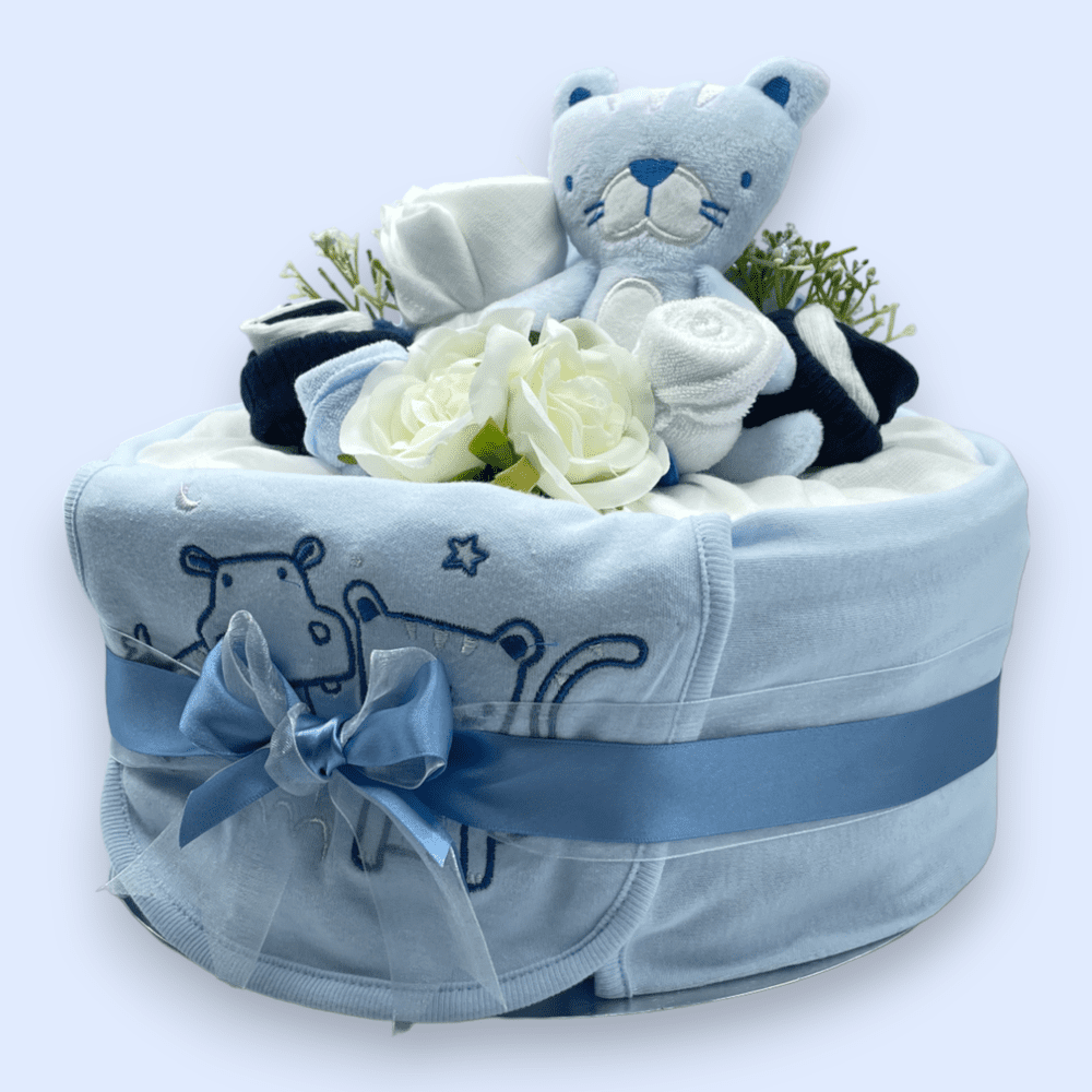 Left side View of Blue nappy cake with muslin wrap and ribbon for newborn baby gift