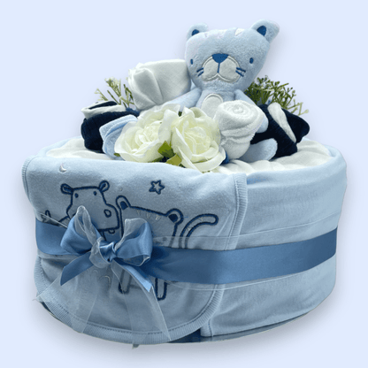 Left side View of Blue nappy cake with muslin wrap and ribbon for newborn baby gift
