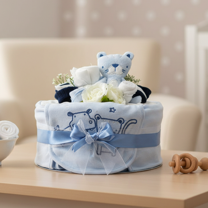Tender Blooms 1-Tier Deluxe Nappy Cake – Blue, handcrafted baby gift