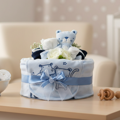 Tender Blooms 1-Tier Deluxe Nappy Cake – Blue, handcrafted baby gift
