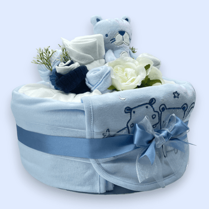 Right Side View of Blue nappy cake with muslin wrap and ribbon for newborn baby gift