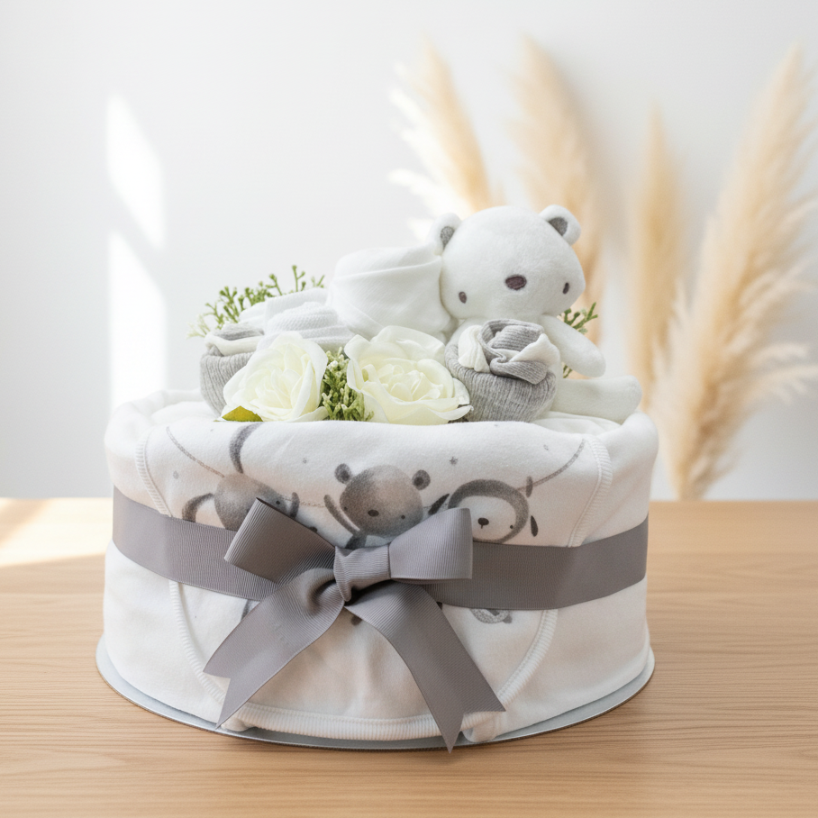 Tender Blooms 1-Tier Deluxe Nappy Cake – Neutral, handcrafted baby gift