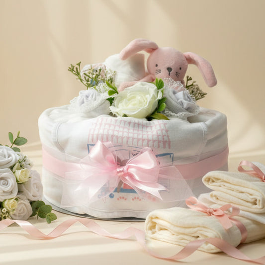 Tender Blooms 1-Tier Deluxe Nappy Cake – Pink, handcrafted with floral clothing bouquet
