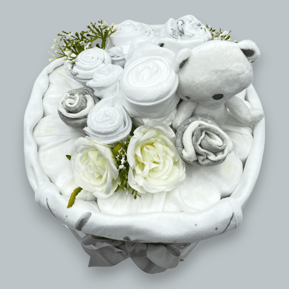 Handcrafted neutral baby nappy cake – stylish and practical present (Birdseye View)