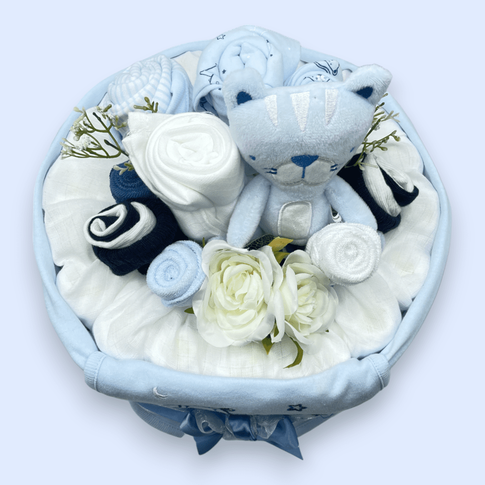 Tender Blooms in blue 1-Tier Deluxe Nappy Cake: Birds Eye View